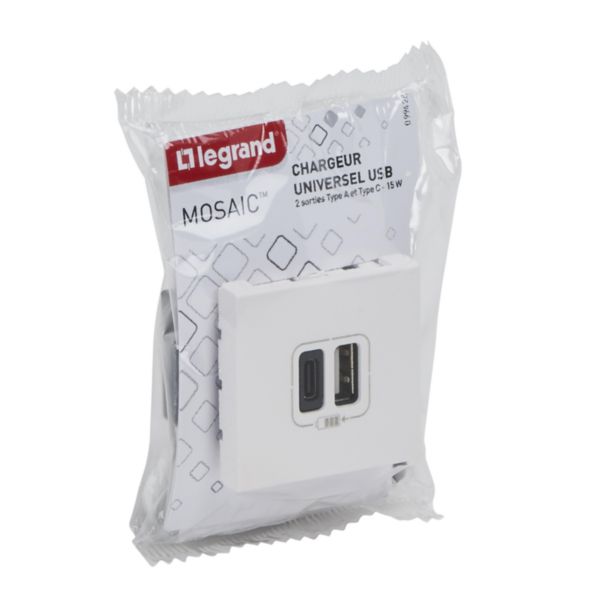 Prise double USB Type-A + Type-C Mosaic 3A 15W 2 modules - blanc