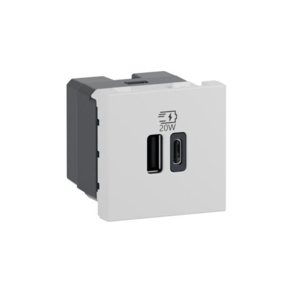 Prise USB Type-A+Type-C 20W Power Delivery Mosaic - 2 modules - Blanc 