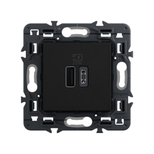 Prise USB Type-C+Type-C 20W Power Delivery Mosaic - 2 modules - Noir Mat composable