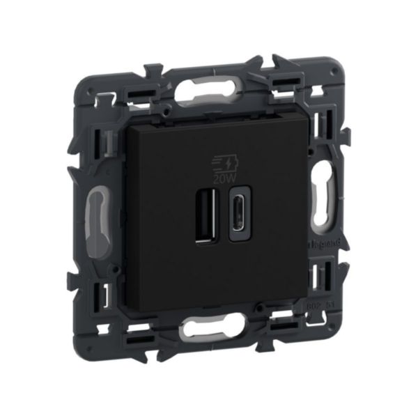 Prise USB Type-C+Type-C 20W Power Delivery Mosaic - 2 modules - Noir Mat composable