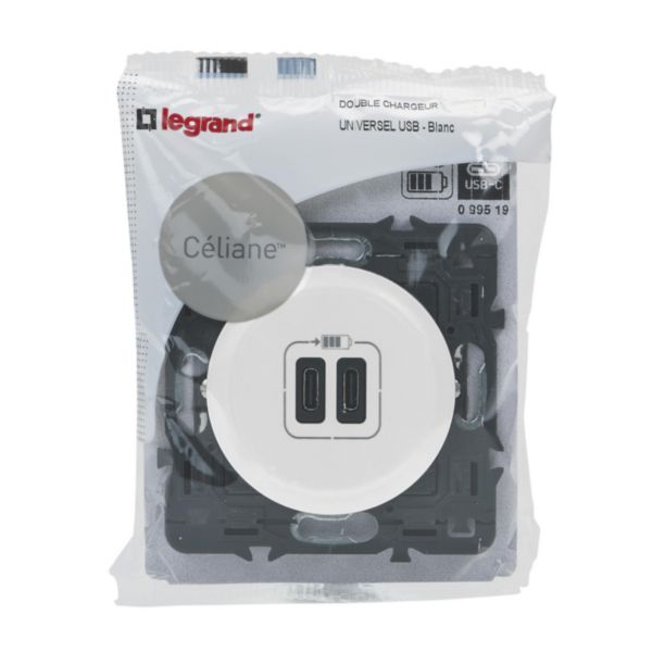 Prise double USB Céliane Type-C 3A 15W - blanc avec support, à équiper d'une plaque de finition