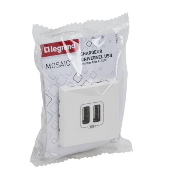 Prise double USB Type-A Mosaic 3A 15W 2 modules - blanc