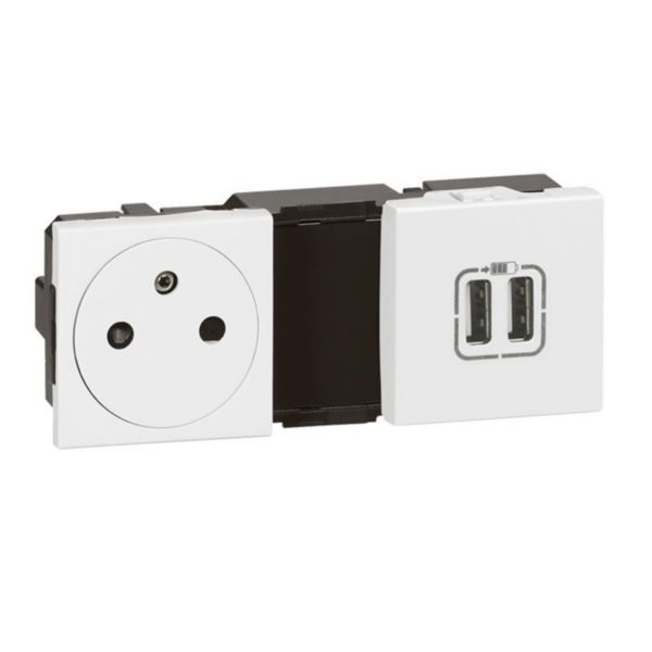 Prise de courant Surface + double chargeur USB Type-A Mosaic précâblée 5 modules - blanc