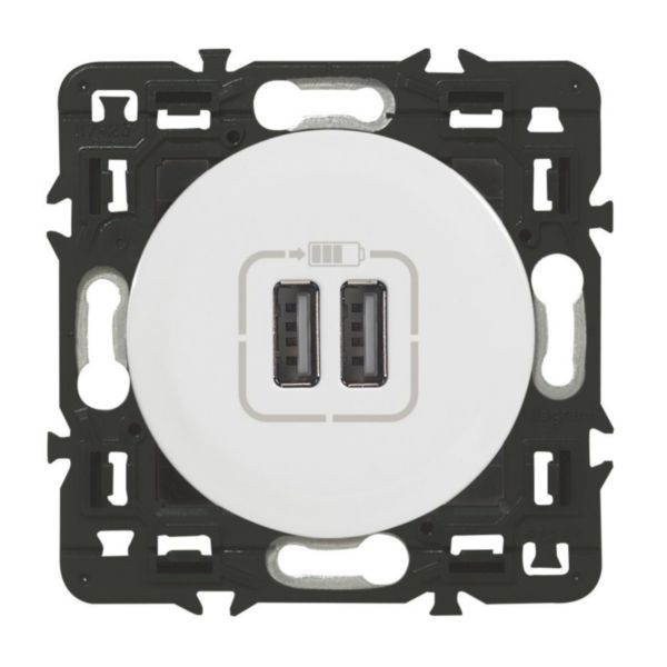 Prise double USB Céliane Type-A 3A 15W - blanc avec support, à équiper d'une plaque de finition