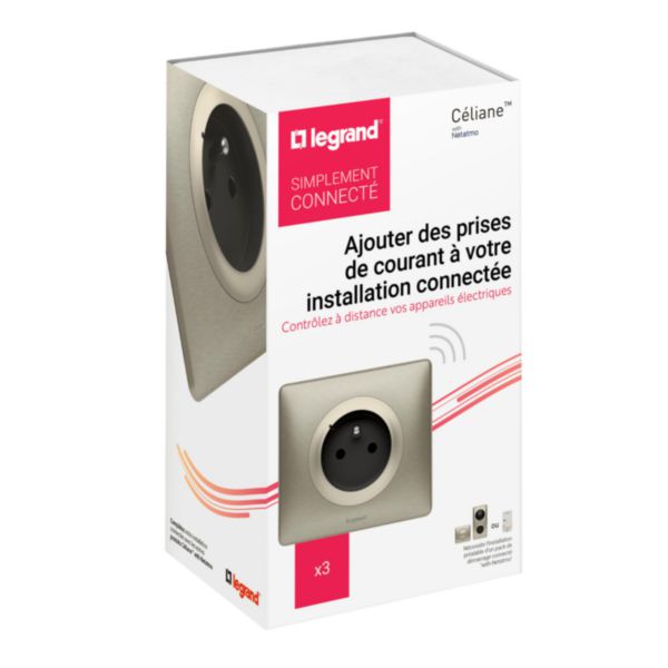 Lot de 3 prises connectées Céliane with Netatmo avec mesure puissance et suivi consommation complètes avec plaque Titane