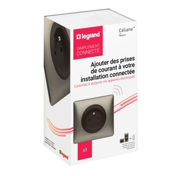 Lot de 3 prises connectées Céliane with Netatmo avec mesure puissance et suivi consommation complètes plaque Tungstène