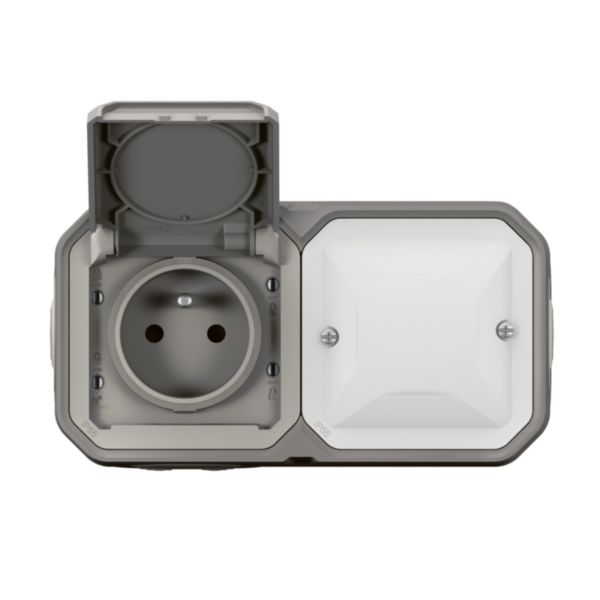 Prise de courant connectée étanche avec mesure puissance et suivi consommation Plexo with Netatmo 2 postes saillie gris