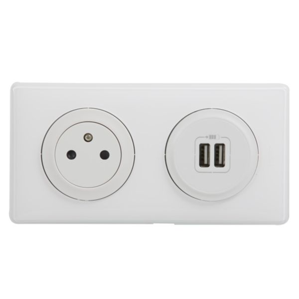 Prise de courant + chargeur 2 USB avec plaque Céliane +boite à encastrer - Blanc