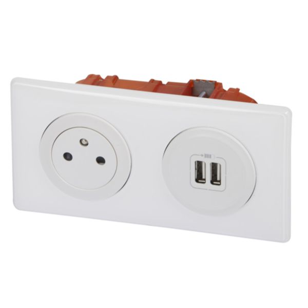 Prise de courant + chargeur 2 USB avec plaque Céliane +boite à encastrer - Blanc
