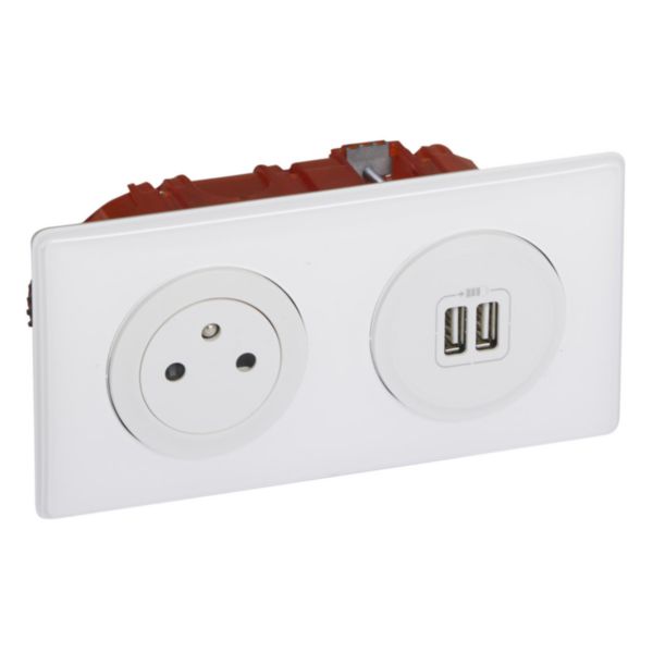 Prise de courant + chargeur 2 USB avec plaque Céliane +boite à encastrer -  Blanc - particulier