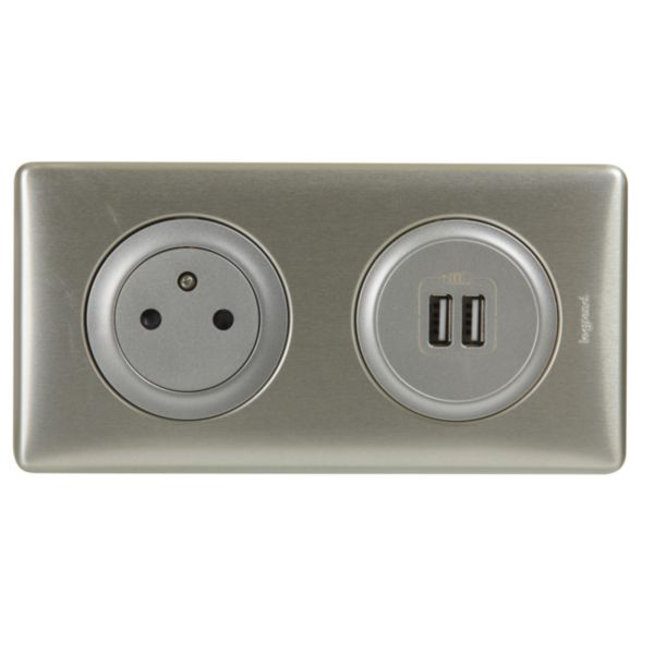 Prise de courant + chargeur 2 USB avec plaque Céliane +boite à encastrer -Titane