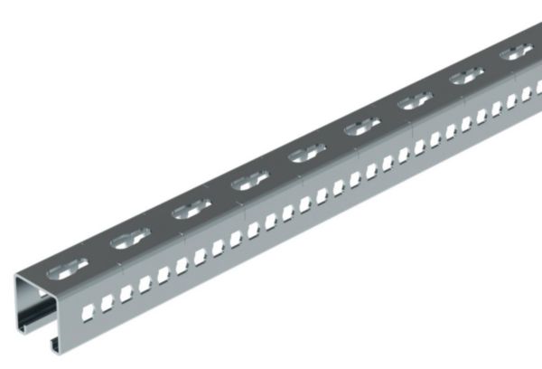 Rail oblongs trou de serrure, perfo. latérale R41SP chemins câbles fils -fix. plafond balancelle ou pendard charg. lourdes- ZnMg