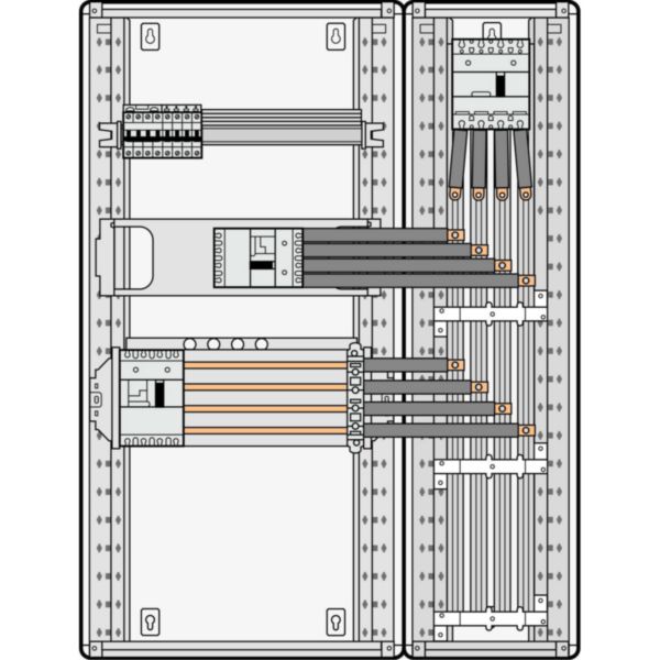 Barres cuivres rigides pour raccordement d'un DPX³630 horizontal sur un jeu de barres alu 400A VX³ en gaine à câbles