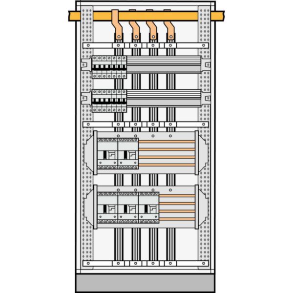 Barres cuivres rigides pour alimentation d'un jeu de barres VX³ 800A en fond d'armoire par jeu de barres cuivre 1600A