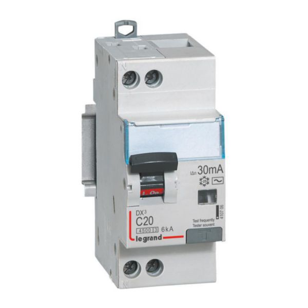 Disjoncteur différentiel DX³4500 arrivée haute et départ bas à vis U+N 230V~ - 20A typeAC 30mA - courbe C - 2 modules