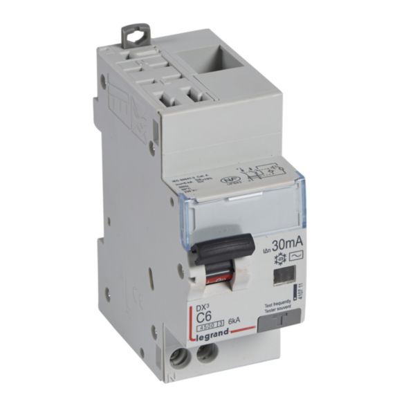 Disjoncteur différentiel DX³4500 arrivée haute automatique et départ bas à vis U+N 230V~ - 6A typeAC 30mA - 2 modules