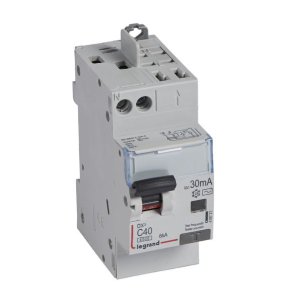 Disjoncteur différentiel DX³4500 arrivée haute vis et départ haut automatique U+N 230V~ - 40A typeAC 30mA - 2 modules