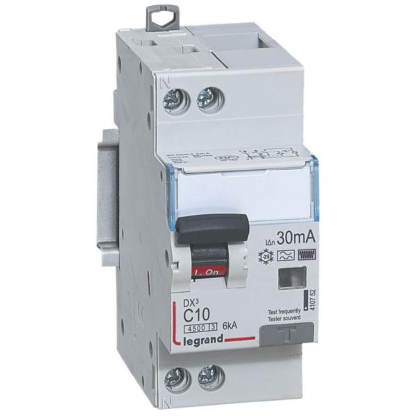 Disjoncteur différentiel DX³4500 arrivée haute et départ bas à vis U+N 230V~ - 10A typeF 30mA - courbe C - 2 modules