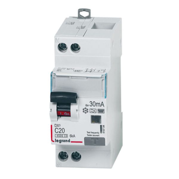 Disjoncteur différentiel DX³4500 arrivée haute et départ bas à vis U+N 230V~ - 20A typeF 30mA - courbe C - 2 modules