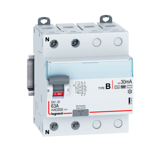 Interrupteur différentiel DX³-ID arrivée haute et départ bas par bornes à vis - 2P 230V~ 63A TypeB 30mA - 4 modules