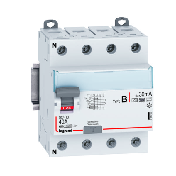 Interrupteur différentiel DX³-ID arrivée haute et départ bas par bornes à vis - 4P 400V~ 40A TypeB 30mA - 4 modules