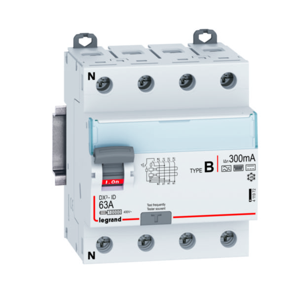 Interrupteur différentiel DX³-ID arrivée haute et départ bas par bornes à vis - 4P 400V~ 63A TypeB 300mA - 4 modules