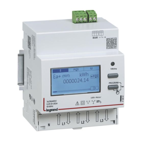 Compteur modulaire triphasé EMDX³ non MID raccordement direct 63A - 4 modules - avec sortie RS485 - double comptage