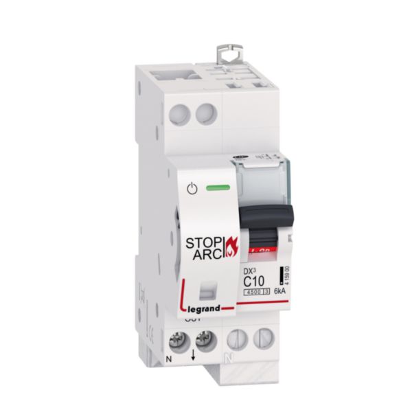 Disjoncteur DX³ STOP ARC 4500 6kA arrivée haute auto et sortie basse borne à vis - 1P+N 230V~ 10A courbe C - 2 modules