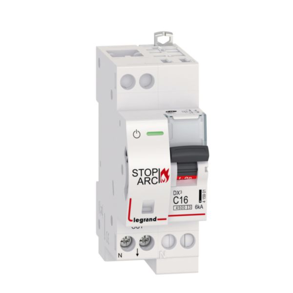 Disjoncteur DX³ STOP ARC 4500 6kA arrivée haute auto et sortie basse borne à vis - 1P+N 230V~ 16A courbe C - 2 modules