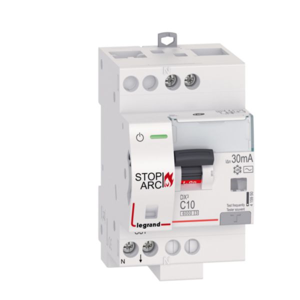 Disjoncteur différentiel DX³ STOP ARC 4500 arrivée et départ à vis 1P+N 230V~ - 10A typeAC 30mA - courbe C - 3 modules