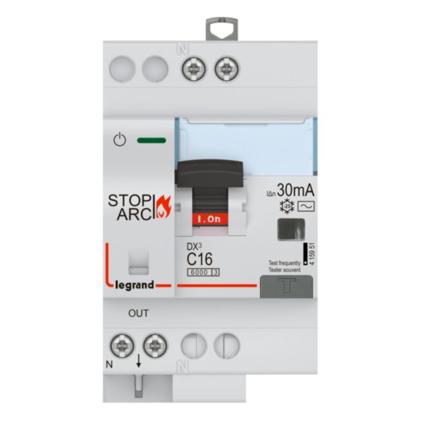 Disjoncteur différentiel DX³ STOP ARC 4500 arrivée et départ à vis 1P+N 230V~ - 16A typeAC 30mA - courbe C - 3 modules