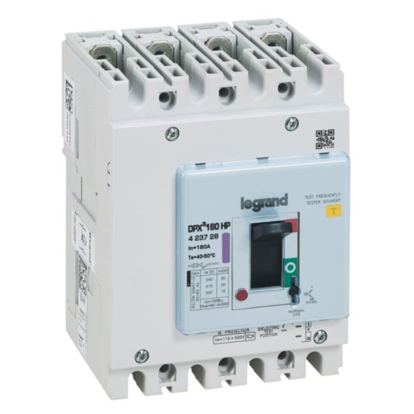 Disjoncteur magnéto-thermique 160A - DPX³ 160HP - Pouvoir de coupure 50kA - 4 pôles - Plage de réglage 125A à 160A + différentiel
