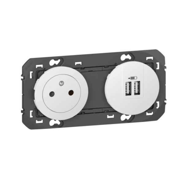 Prise de courant 2P+T Surface + prise 2 USB Type-A dooxie 3A précâblés finition blanc