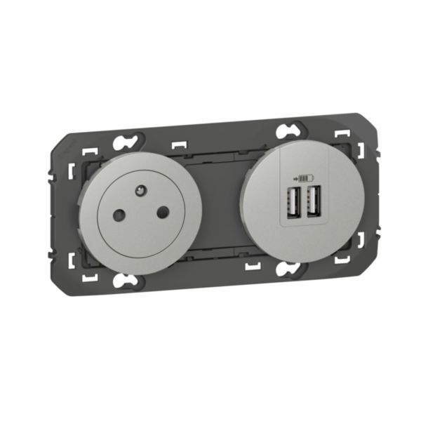 Prise de courant 2P+T Surface + prise 2 USB Type-A dooxie 3A précâblés finition alu
