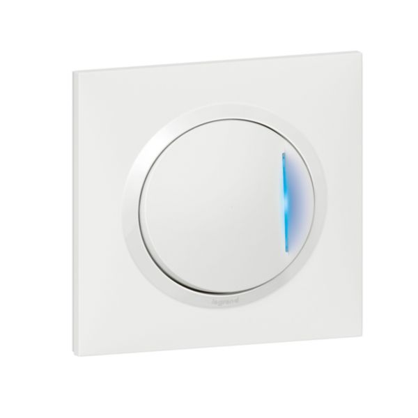 Interrupteur ou va-et-vient avec voyant témoin dooxie one 10AX 250V~ livré avec plaque carrée blanche et griffes