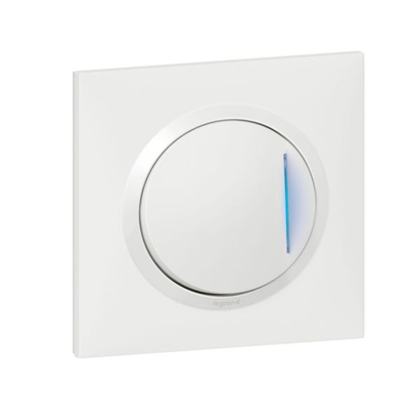 Poussoir simple avec voyant lumineux dooxie one 6A 250V~ livré avec plaque carrée blanche et griffes