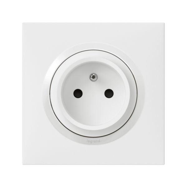 Prise de courant easyréno 2P+T 16A faible profondeur dooxie one livrée avec plaque carrée blanche et griffes