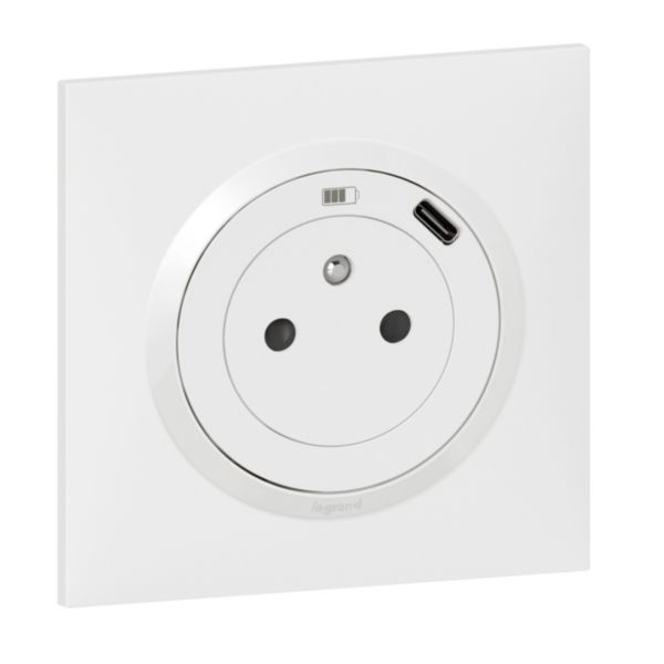 Prise de courant 2P+T Surface avec prise USB Type-C dooxie one livrée avec plaque carrée blanche et griffes
