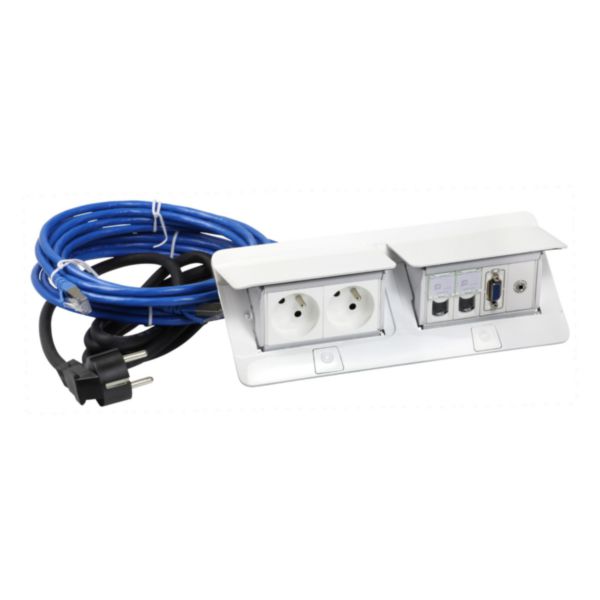 Pop up mobilier pré-câblé -2x2P+T +2xRJ45+HD15+Jack 3,5 -2x4 mod -Blanc brillant
