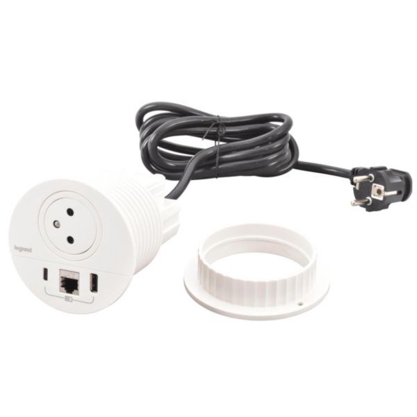 Incara Disq 80 prise 2P+T Surface , chargeur USB Type-A+C , prise RJ45 catégorie6 FTP - cordon 2m avec fiche 2P+T - blanc Ø80mm