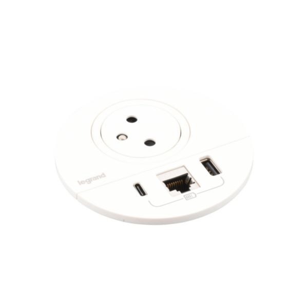 Incara Disq 80 prise 2P+T Surface , chargeur USB Type-A+C , prise RJ45 catégorie6 FTP - cordon 2m avec fiche 2P+T - blanc Ø80mm