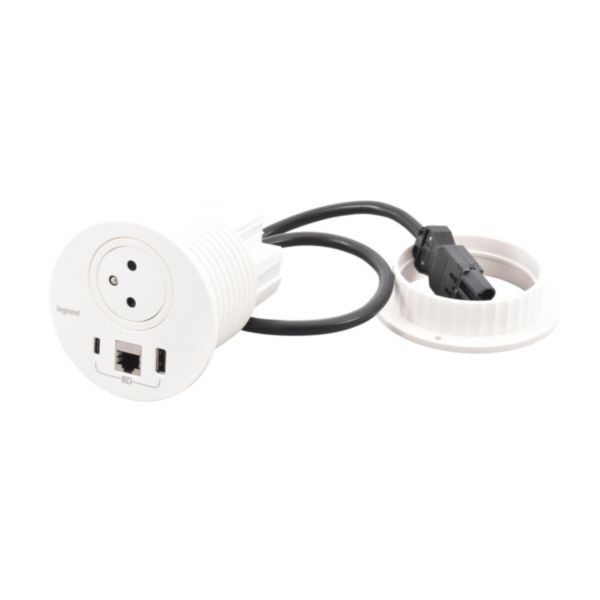 Incara Disq 80 prise 2P+T Surface , chargeur USB Type-A+C , RJ45 catégorie6 FTP cordon 0,5m Wieland - blanc Ø80mm