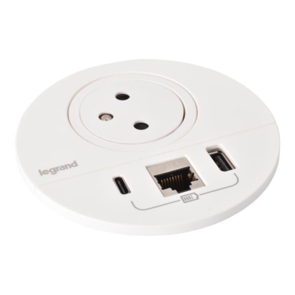 Incara Disq 80 prise 2P+T Surface , chargeur USB Type-A+C , RJ45 catégorie6 FTP cordon 0,5m Wieland - blanc Ø80mm