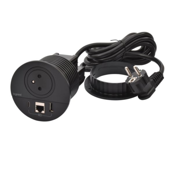 Incara Disq 80 prise 2P+T Surface , chargeur USB Type-A+C , RJ45 catégorie6 FTP cordon 2m avec fiche 2P+T - noir Ø80mm