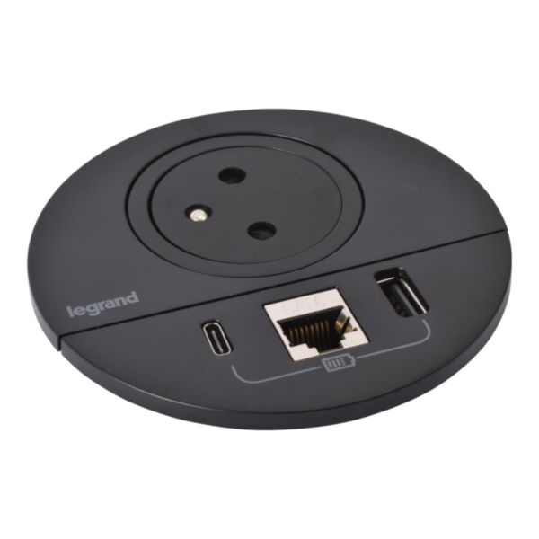 Incara Disq 80 prise 2P+T Surface , chargeur USB Type-A+C , RJ45 catégorie6 FTP cordon 2m avec fiche 2P+T - noir Ø80mm