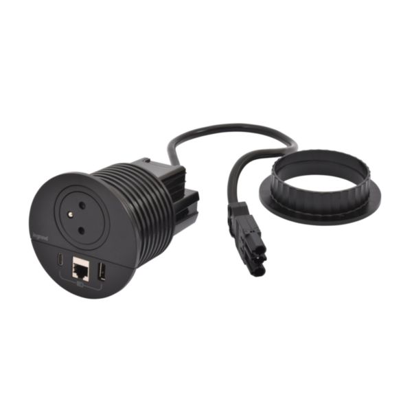 Incara Disq 80 prise 2P+T Surface , chargeur USB Type-A+C , RJ45 catégorie6 FTP cordon 0,5m Wieland - noir Ø80mm