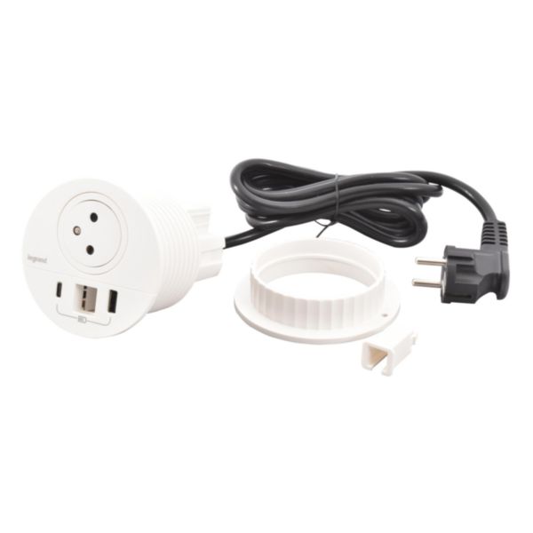 Incara Disq 80 prise 2P+T Surface , chargeur USB Type-A+C , sortie de câble cordon 2m avec fiche 2P+T - blanc Ø80mm