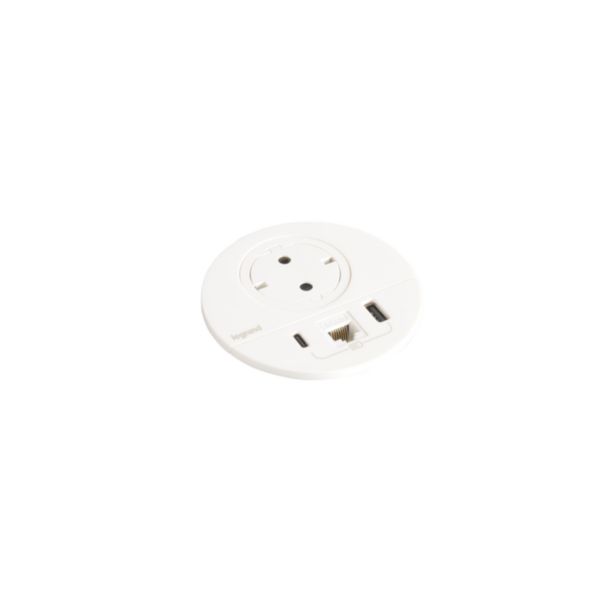 Incara Disq 80 équipé d'1 prise Schuko, 1 prise chargeur USB A+C 15W, 1 prise RJ45 cat6 FTP et cordon de 2m avec fiche - blanc