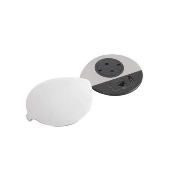Incara Disq 80 avec 1 prise Schuko, 1 prise chargeur USB A+C 15W, 1 prise RJ45 cat6 FTP et cordon 2m avec fiche - noir avec couvercle