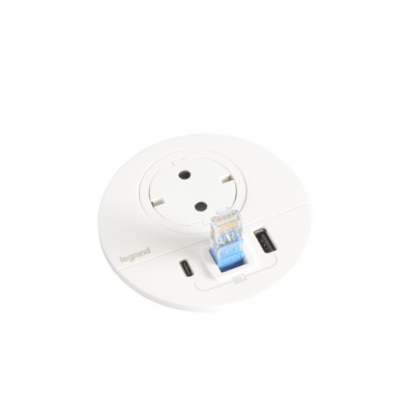 Incara Disq 80 équipé d'1 prise Schuko, 1 prise chargeur USB A+C 15W, un passe-câble et cordon de 2m avec fiche - blanc